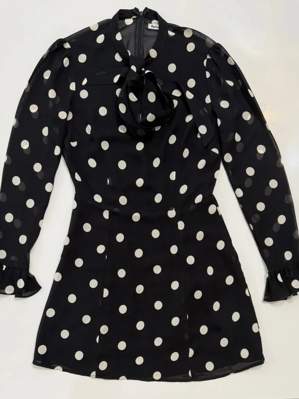 Reformation Fox Polka Dot Mini Dress Black White Tie Neck Size 4 EUC - Picture 3 of 9